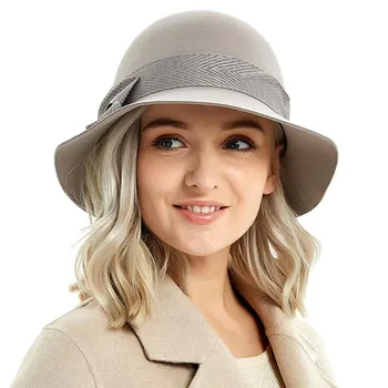 

New Arrival Wool hat Autumn Winter Noble European American Elegant Girl Fashion Cap Ladies Bucket Hat Women Wool Fedora Hat M100