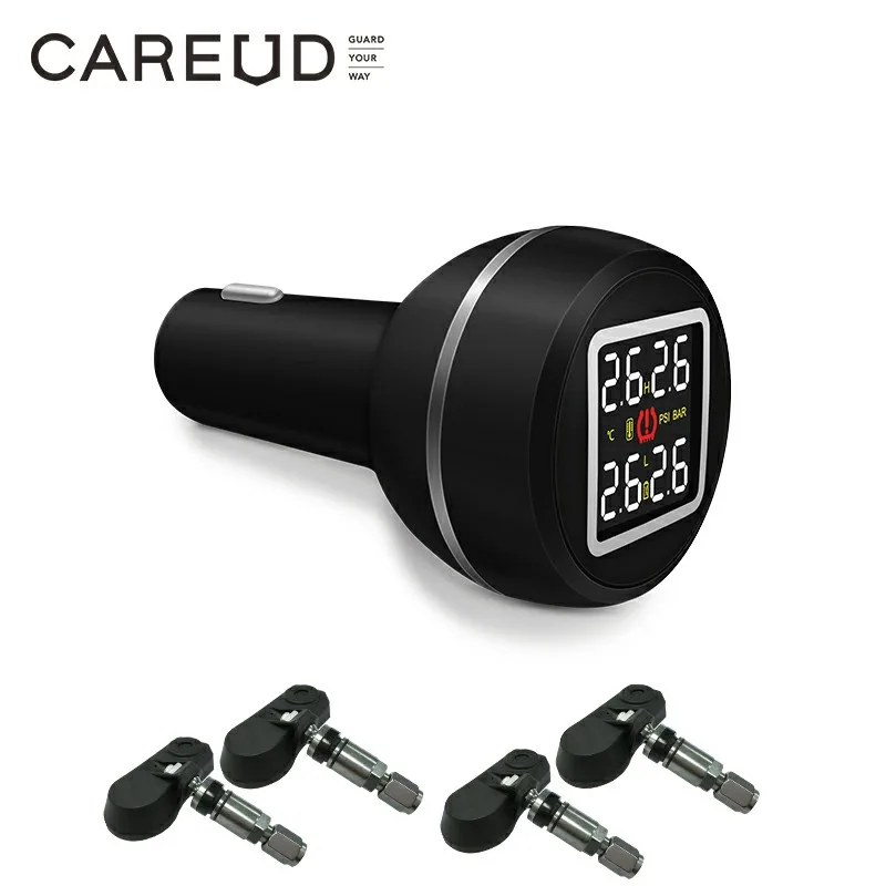 CAREUD TPMS Cigarette Lighter Type Car Tire Pressure and Temperature Monitoring System with 4 External/Internal Sensors | Автомобили и