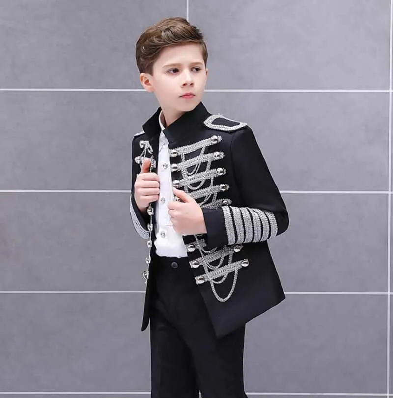 Silver jacket pants Костюм Принца в стиле стимпанк для мальчиков; красная куртка с кисточками в стиле милитари; костюм; детский Карнавальный костюм для костюмированной вечеринки; От 3 до 14 лет для мальчиков - Цвет: Silver jacket pants