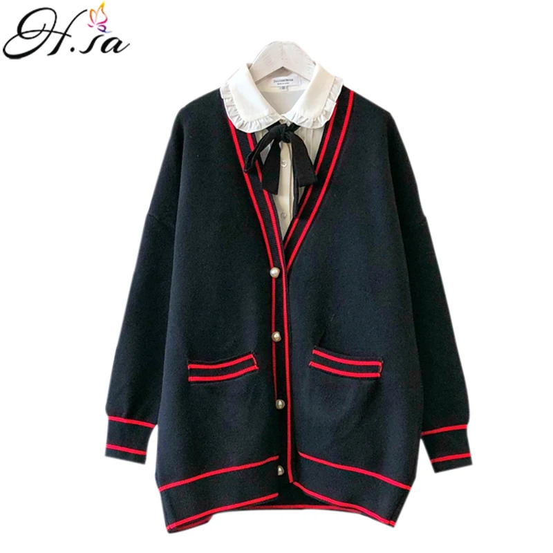 

H.SA 2019 Long Sweater Cardigans for Women Knitwear Loose Jacket Coats Red Striped College Style Black Long Knit Coat Winter