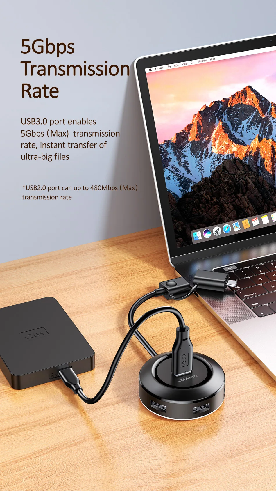 USAMS USB 3,0 концентратор для iPad Pro 5 Гбит/с быстрая передача usb type C в концентратор адаптер для MacBook Pro Поддержка 10 ТБ жесткий диск адаптер