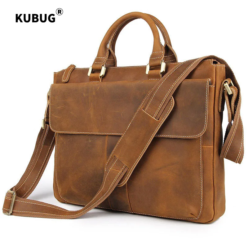 

Hot Sale KUBUG Men's Leather Handbag MEN'S Retro Business Bag Horse Leather Shoulder Bag Hand Briefcase Computer Bag