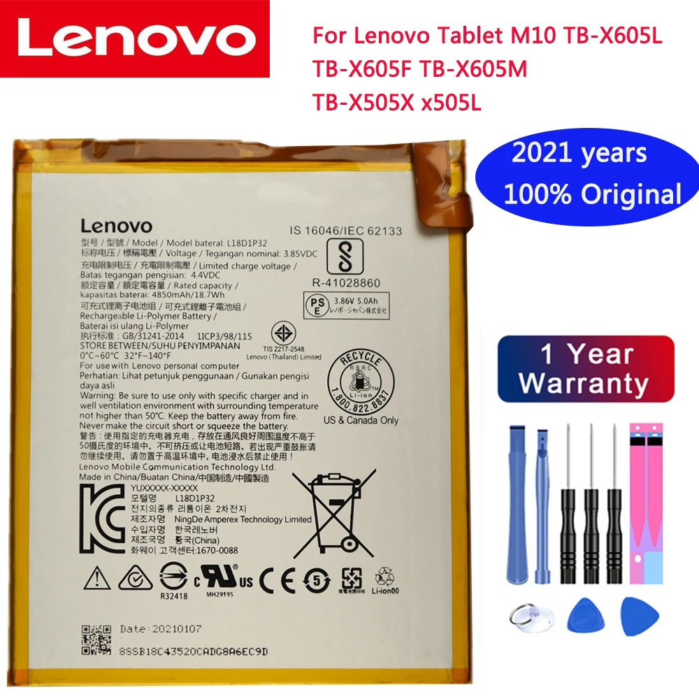 

2021 years Original 4850mAh L18D1P32 Tab Replacement Battery For Lenovo Tablet M10 TB-X605L TB-X605F TB-X605M TB-X505X x505L