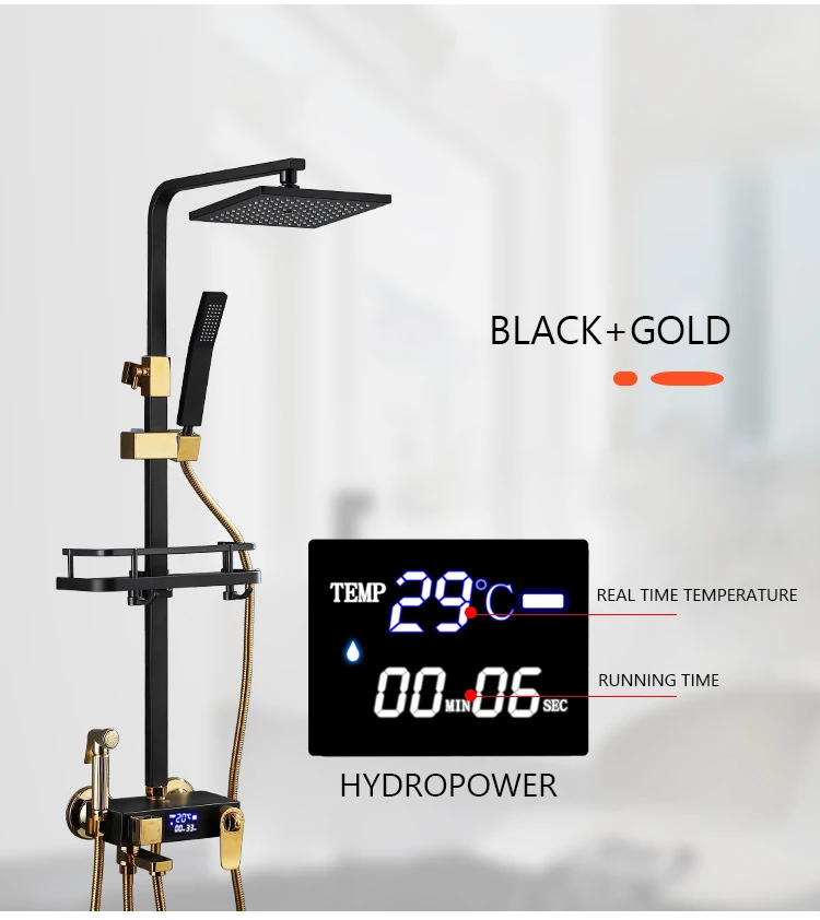 Digital Shower System Bathroom Wall Mounted Black Shower Set Square Head Rainfall Bath Faucet Hot Cold Mixer Shower System LED