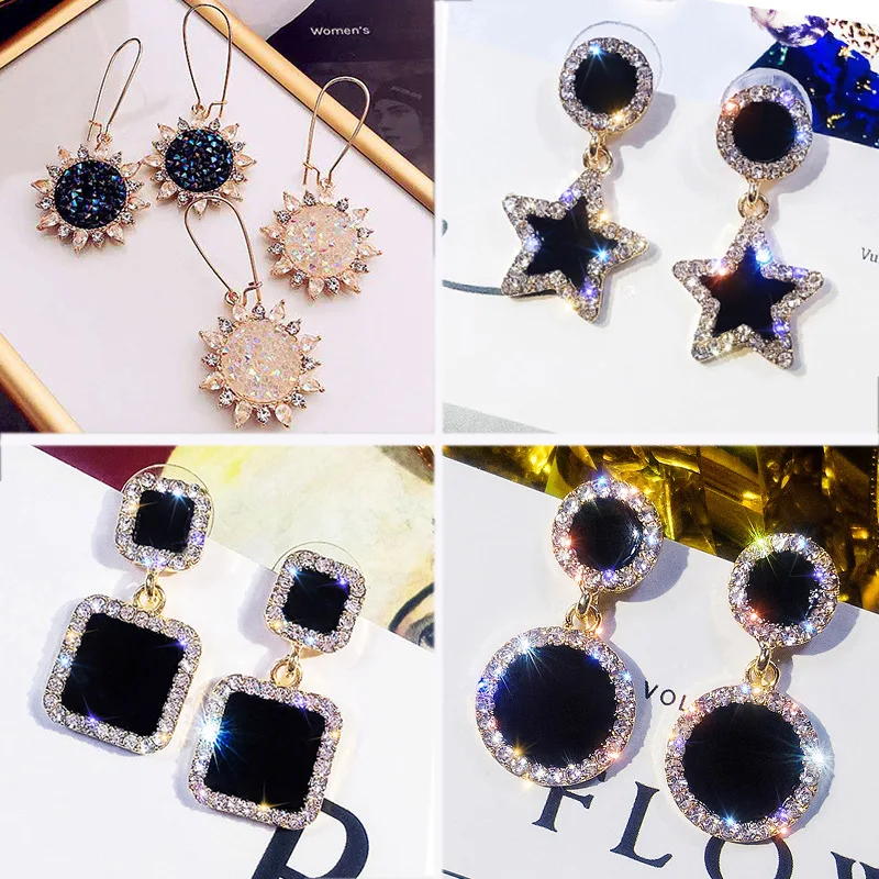 Earrings Black Round Square Star Pendant Geometric Women's Earrings Crystal Luxury Wedding Banquet Rhinestone Earrings