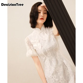 

2020 chinese dress qipao lace dresses chinese evening gowns wedding cheongsam mesh dress gown asian bride pure white oriental