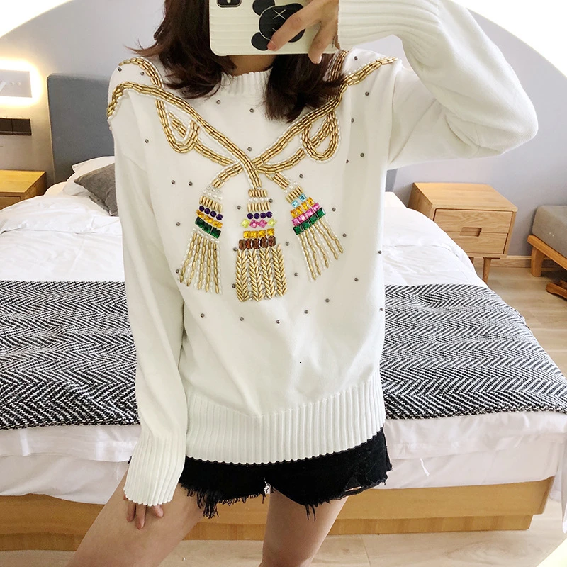 ^*Best Offers Luxury Women Beaded Knitted Sweater 2020 Winter Warm Round Neck White Black Pull Sweater Ladies Jumpers sweater loose B098