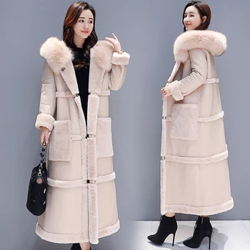 

Autumn Winter Lamb Fur Coat Women Plus Size Loose Korean Big Fur Collar Hooded Long Faux Leather Thick Warm Jacket Coat Female