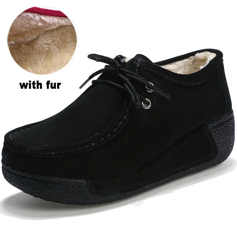 Брендовая женская обувь; кроссовки из натуральной кожи на платформе; обувь для бега; женские лоферы на танкетке; Женская прогулочная обувь для бега - Цвет: black with fur
