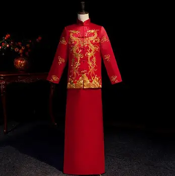 

Red Groom Vintage Loose Cheongsam Traditional Chinese Wedding Gown Satin Qipao Embroidery Dragon Costume Vestido Oriental Mens