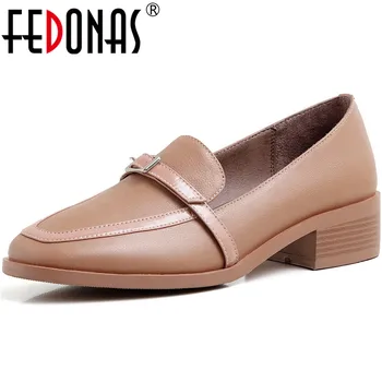 

FEDONAS Metal Decoration Women's Summer Shoes Top 2020 Fashion Genuine Leather Thick Heels Pumps Office Lady Shoes Woman Heels