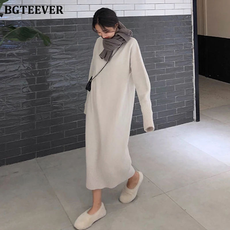 BGTEEVER повседневное утолщенное теплое женское платье-свитер водолазка осень-зима вязаное платье длинные женские джемперы Vestidos