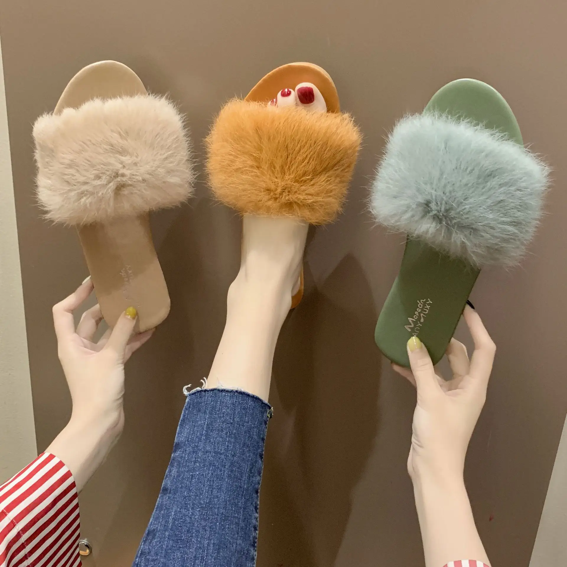 Slippers Female Flat Wear Outside Girl Heart Autumn and Winter New Color Rabbit Hair Home Non-slip Slippers