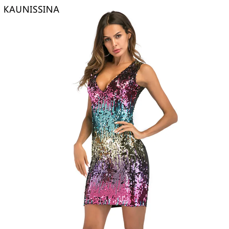 KAUNISSINA Women Cocktail Dress Fashion Homecoming Dresses Sleeveless Dress Sequins Stitching Sexy Bodycon Mini Dress Party Prom