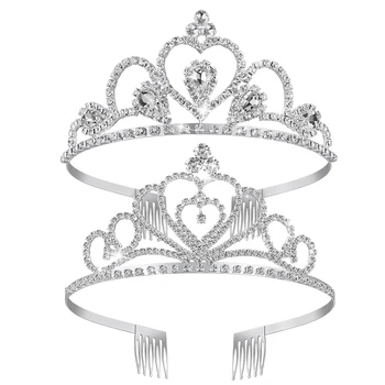 

2pcs Crown Rhinestone Tiara Birthday Headband Headwear With Comb Pin For Wedding Bridesmaid Flower Girls
