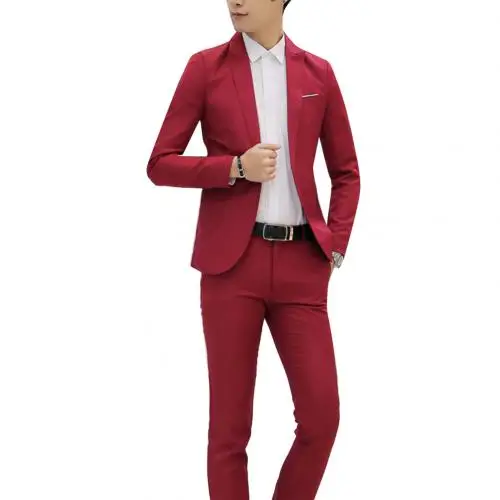 Wine Red Модные мужские костюмы с брюками, однотонный мужской блейзер, приталенный и подходит для свадьбы, мужской смокинг для жениха, костюм для выпускного(пиджак+ брюки), мужской костюм - Цвет: Wine Red