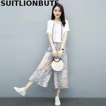 

Suitlionbutf 2020 Summer Cotton And Linen 2 Piece Set Pullover Soft White Top Elastic Waist Floral Wide Leg Pants Ensemble Femme