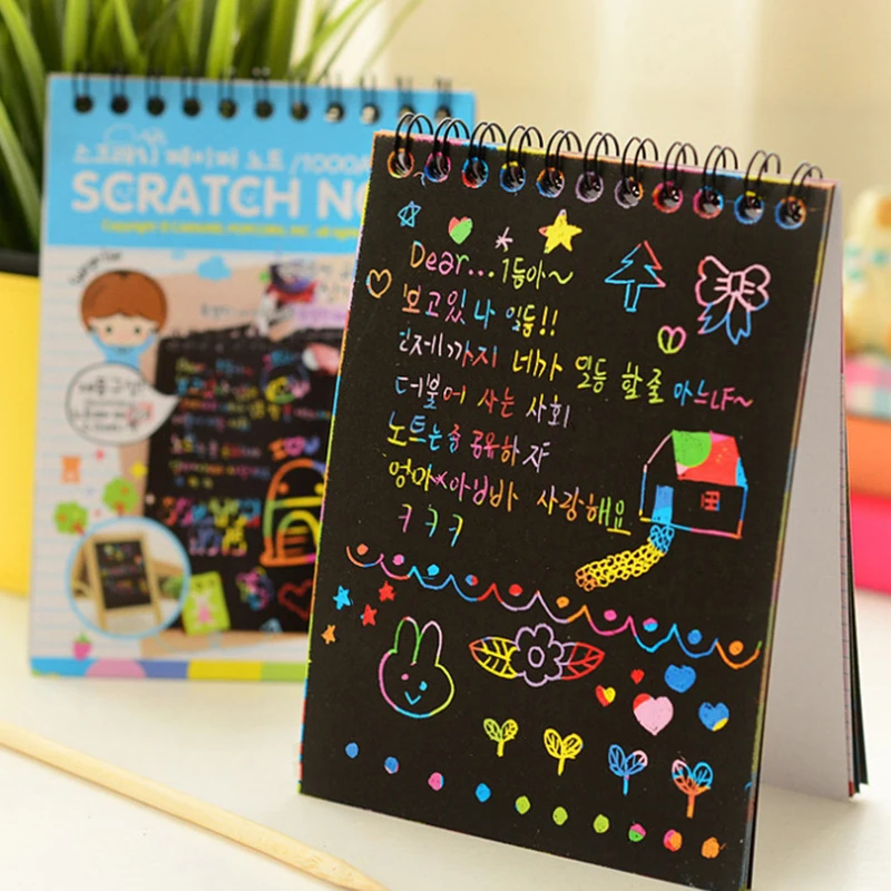 

Hot 4 Colors Scratch Art Paper Toys Wonderful Color Scratch Note Black Cardboard Creative DIY Draw Sketch Notes For Kids Gifts