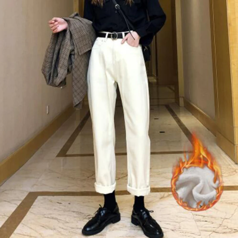 

Woman Jeans High Waist Clothes Denim Clothing Beige Streetwear Vintage 2020 Fashion Plus Velvet Winter Harajuku Straight Pants