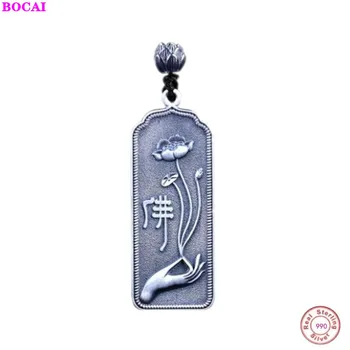 

BOCAI S925 sterling silver pendant retro fashion auspicious cloud pattern six-word mantra bergamot lotus men and women pendant