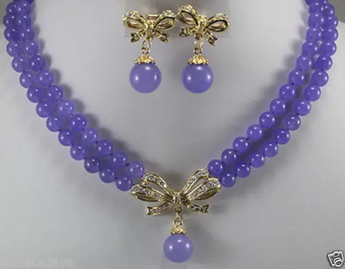 FREE SHIPPING&gt&gt@&gt Jewelry 001194 2 row 8mm purple stone amethyst necklace + bow pendant earrings Natural jewelry | Украшения и