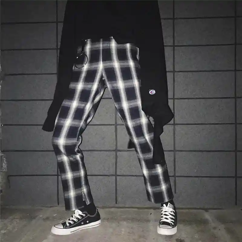 NiceMix корейские Ulzzang разрезные брюки с кольцом черные белые клетчатые
