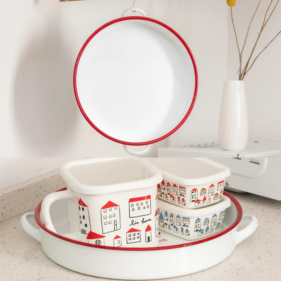 1PCS Enamel Double Ear Deep Dish Baking Tray Pastry Biscuit Bake Cake Pan Food Plates Storage Tray Dinnerware