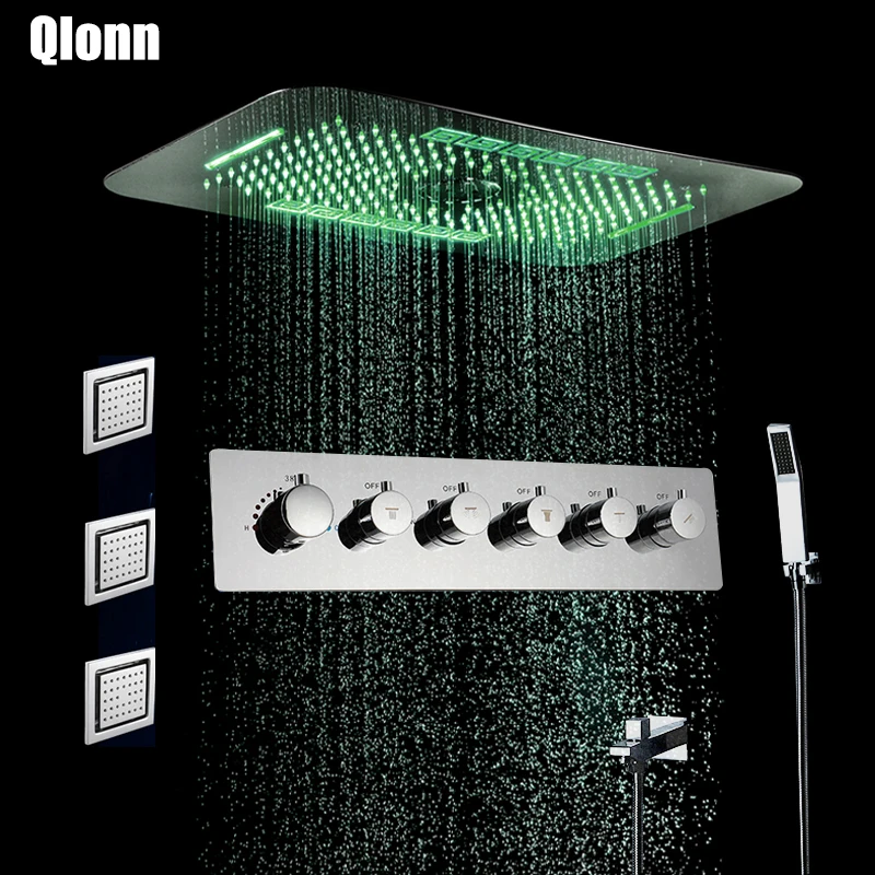 

LED 5 Functions Shower Bathroom Faucet Set Ceiling Stainless Steel Showerhead Thermostatic Valve Rain Waterfall Massage Shower
