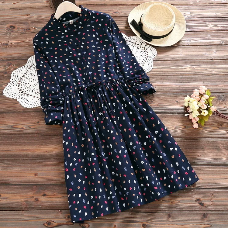 

S23416 Spring And Autumn New Style WOMEN'S Dress Printed Brushed Stand Collar Flounced Waist Hugging Lace-up Floral-Print Long-s
