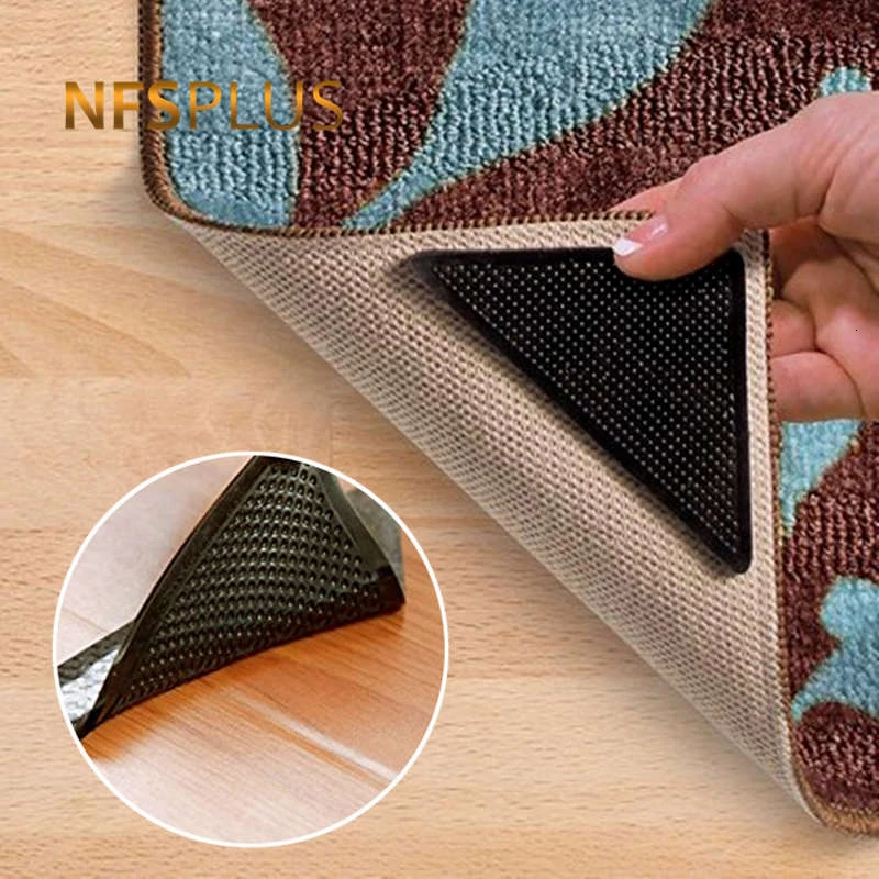 

4PCS/SET Home Floor Rug Carpet Mat Grippers Self-Adhesive Anti-Slip Triangle Washable Reusable Black Silicone Sticky Pads Grips