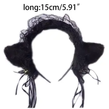 

Womens Girls Cute Plush Cat Ears Headband With Bells Lace Long Ribbon Tassels Hair Hoop Halloween Anime Cosplay Party Headwear