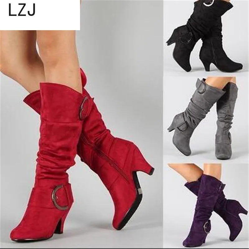 

New 2019 Winter New Knee High Boots Ladies Autumn Suede Buckle Fashion Spike Shoes High Heels Ladies Large Size Shoes 35-43