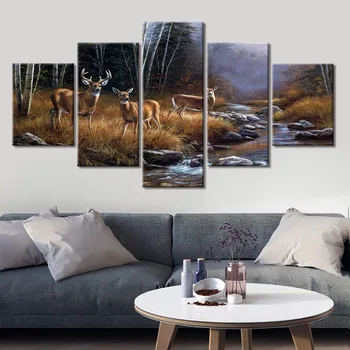 

5 Panel Retro Deer Lake Pictures Picture Printed Modern Landscape Canvas Painting Wall Art Modular Poster Canvas Painting