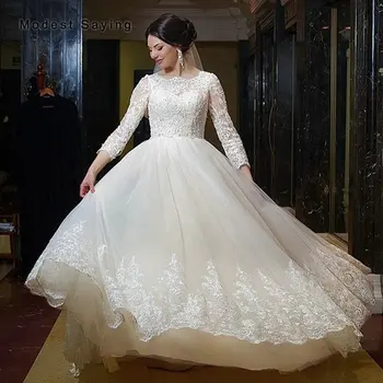 Online Elegante Ballkleid Perlen Spitze Hochzeit Kleider 2020 Formale Frauen Elfenbein Und Champagner 3/4 Ärmeln Brautkleider Robe De Mariee
