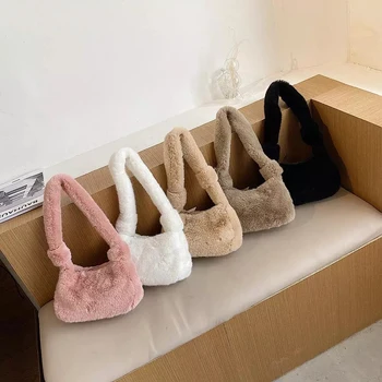 

Female Women Fluffy Autumn Handbag Bag Underarm Totes Fashion Solid Color