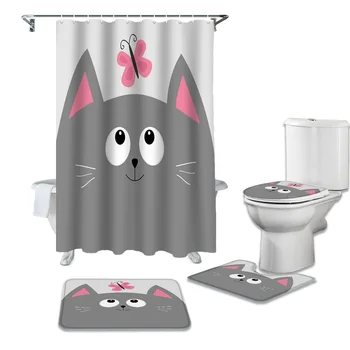 

Cartoon Cat Simple Pet Shower Curtains Set Bath Mat Set Toilet Cover Waterproof Bathroom Shower Curtain and Rug Sets