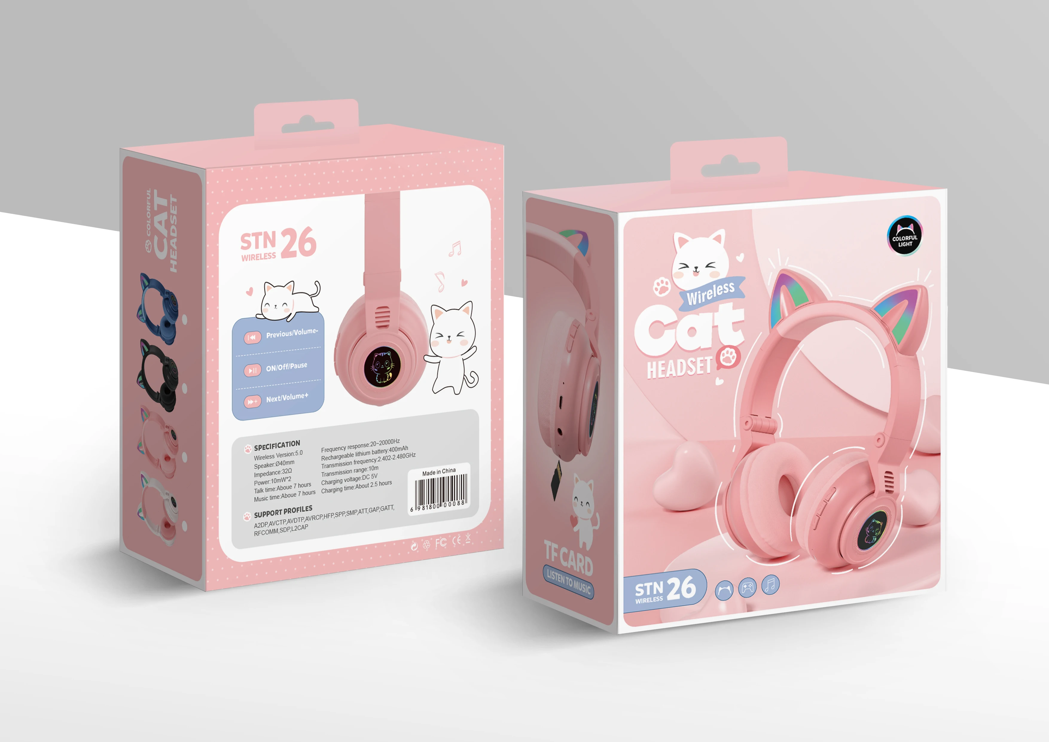 Cute RGB Kitten wireless Headsets Bluetooth 5.0 Bass Noise Cancellation Adult Child Girl Headset Support TF Card Helmet with Mic