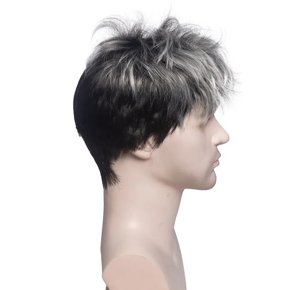 OUCEY Short Wigs for Men Daily Cosplay Wig Men Synthetic Straight Hair Men\'s Wig Gray Black Pixie Cut Wig With Bangs