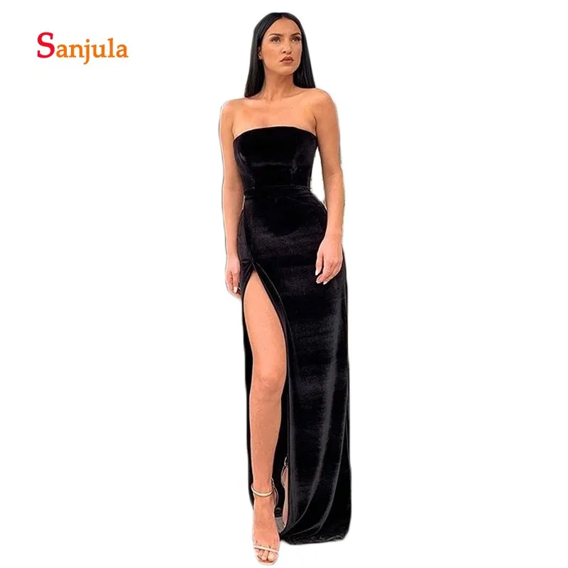

Brown Velevt Long Evening Dresses Strapless High Leg Slit Dress for Dinner Simple Elegant Women Imoprtant Party Dresses D1227