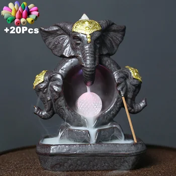 

New Lucky Feng Shui Elephant God Statue Home Decoration Handicraft Ceramic Waterfall Incense Burner With Led Color Changing Ball