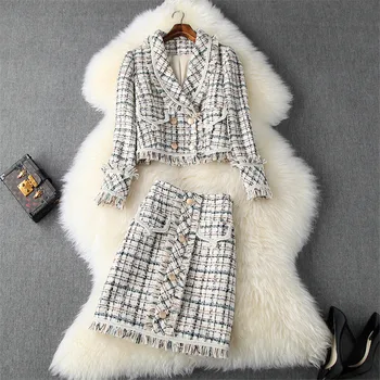 

High Quality Winter Suit 2Piece Skirt Set Women Runway Designers Fashion Outfits Plaid Tassel Tweed Woolen Jacket and Skirt Sets