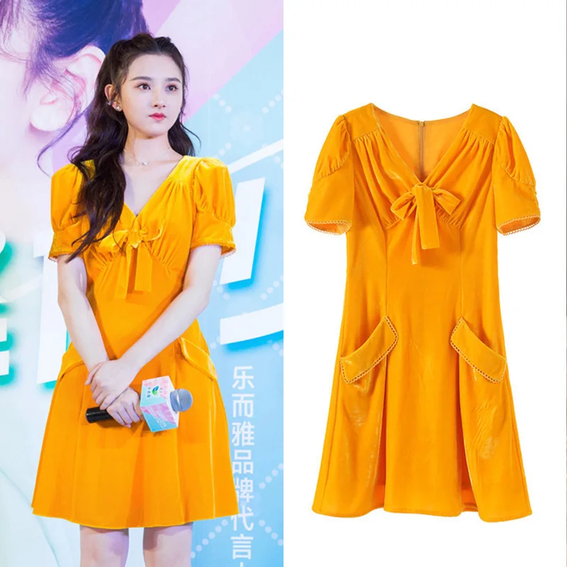 

New yellow yamamoto intelligence fume short sleeve v neck restoring ancient ways is a word with velvet dress G0830