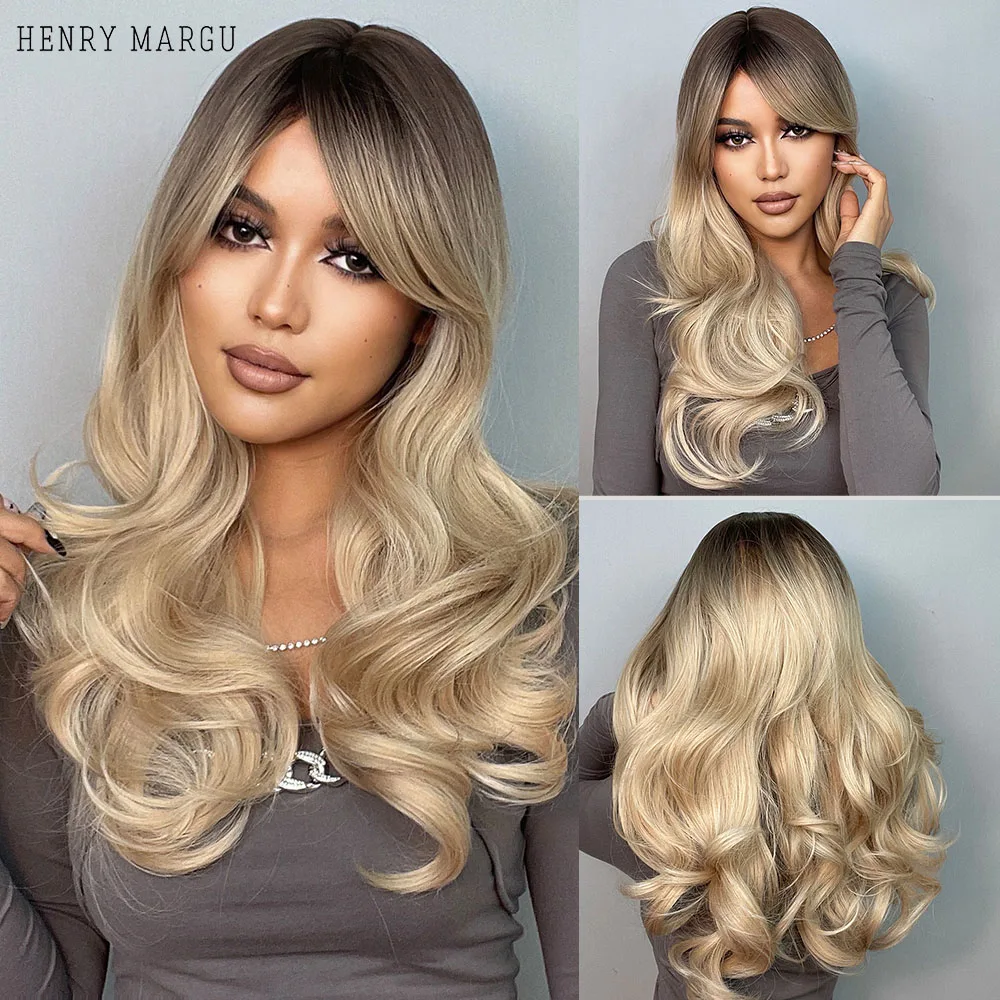 HENRY MARGU Wavy Long Wavy Brown Blonde Ombre Synthetic Wig for Women Natural Cosplay Wigs With Bangs Heat Resistant Hair Wig