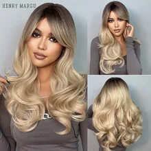 

HENRY MARGU Wavy Long Wavy Brown Blonde Ombre Synthetic Wig for Women Natural Cosplay Wigs With Bangs Heat Resistant Hair Wig