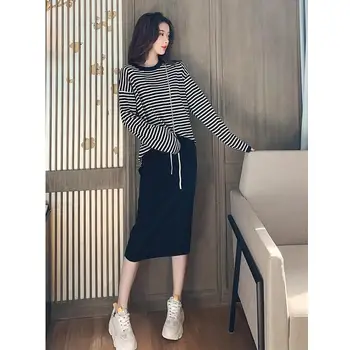 

Women Knitted Sweater Two Piece Set 2019 Autumn Fashion Striped Tops High Waist Skirt Bodycon Suit Skirt Outfits
