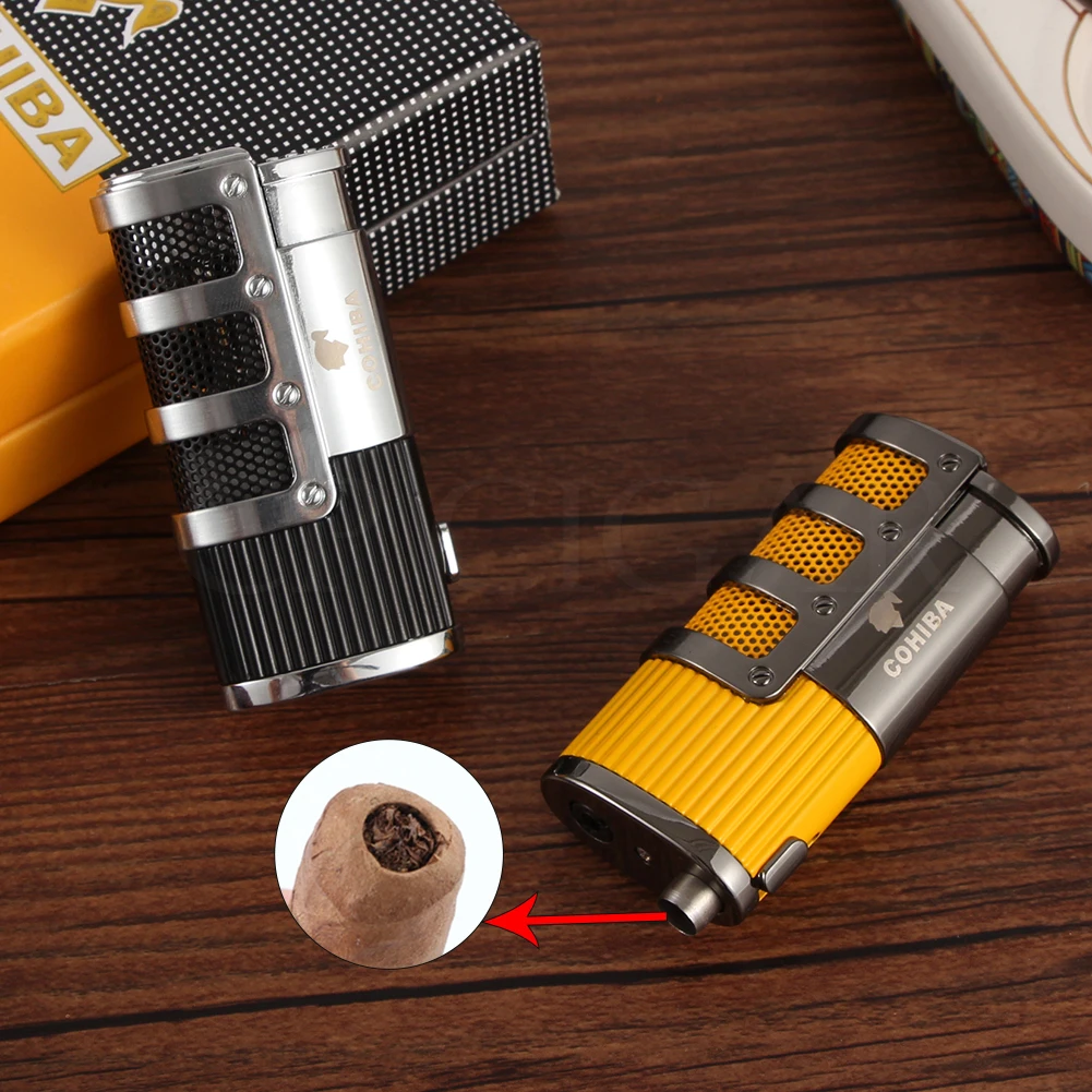 COHIBA 3 струйный фонарь Зажигалка для сигар ветрозащитная металлическая карманные зажигалки бутан многоразового пламени сигарета газовая зажигалка W/сигары удар