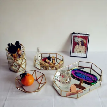 

Retro Brass Storage Tray Golden Polygon Glass Makeup Jewelry Display Organizer Tray Dessert Snack PlateStand Home Kitchen Decor