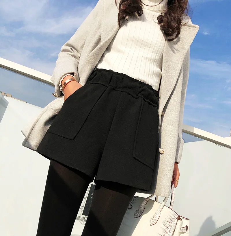 2xl зимние шерстяные шорты с высокой талией женские черные широкие шорты женские повседневные свободные шорты с эластичной талией