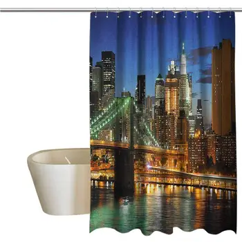

City Hotel Fabric Shower Curtain New York at Night with Brooklyn Bridge Skyscrapers Famous Metropolis Manhattan USA Cloth Fabric