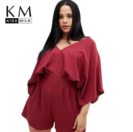 

Kissmilk Europe And The United States Large Size Simple Red Sexy Large V-neck Pleated Lotus Leaf Large Sleeves Playsuits